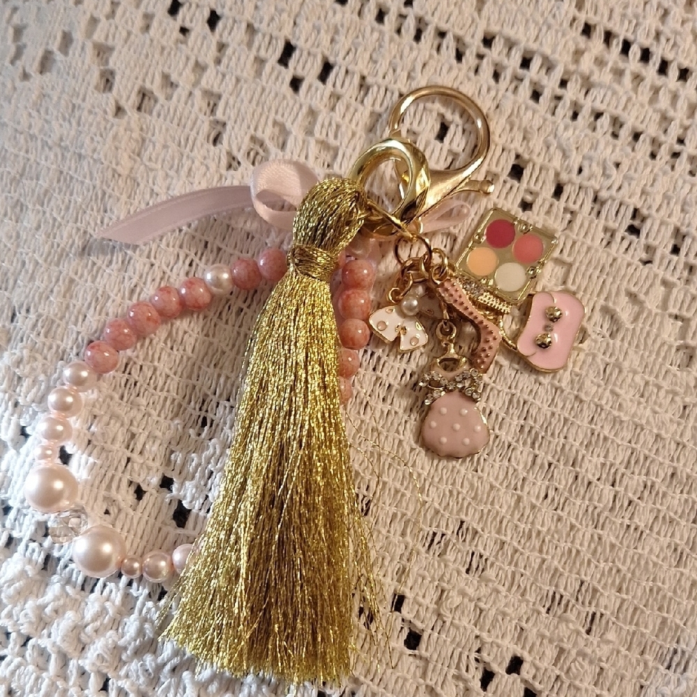 Feminine Charms Gold and Pink Beaded Keychain/Handbag Charm/Backpack Charm.